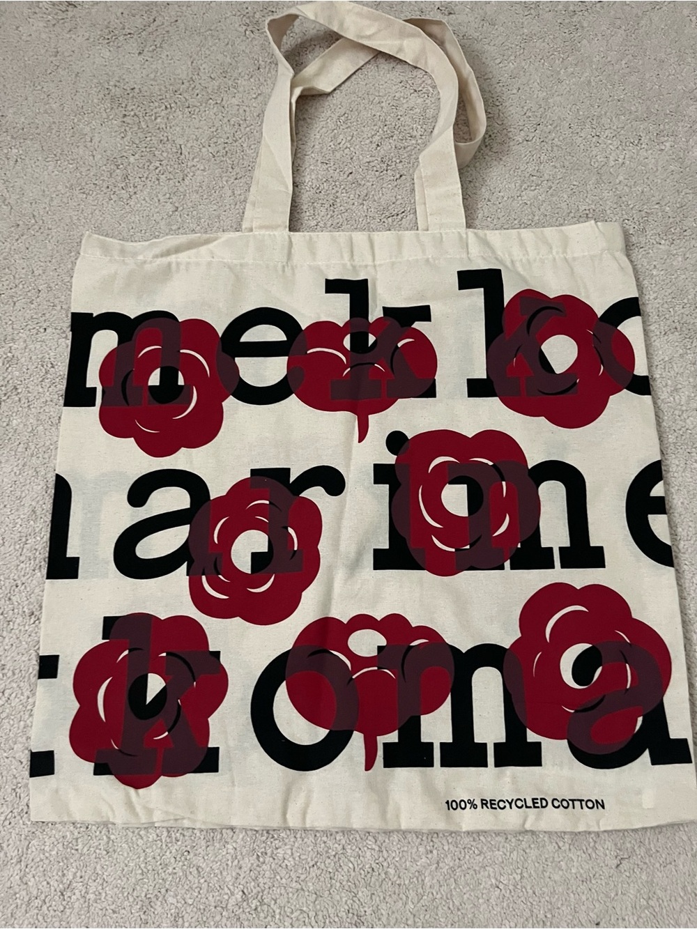 Marimekko Recycled Cotton Tote with Red and Black Graphic Print 45x47 cm New